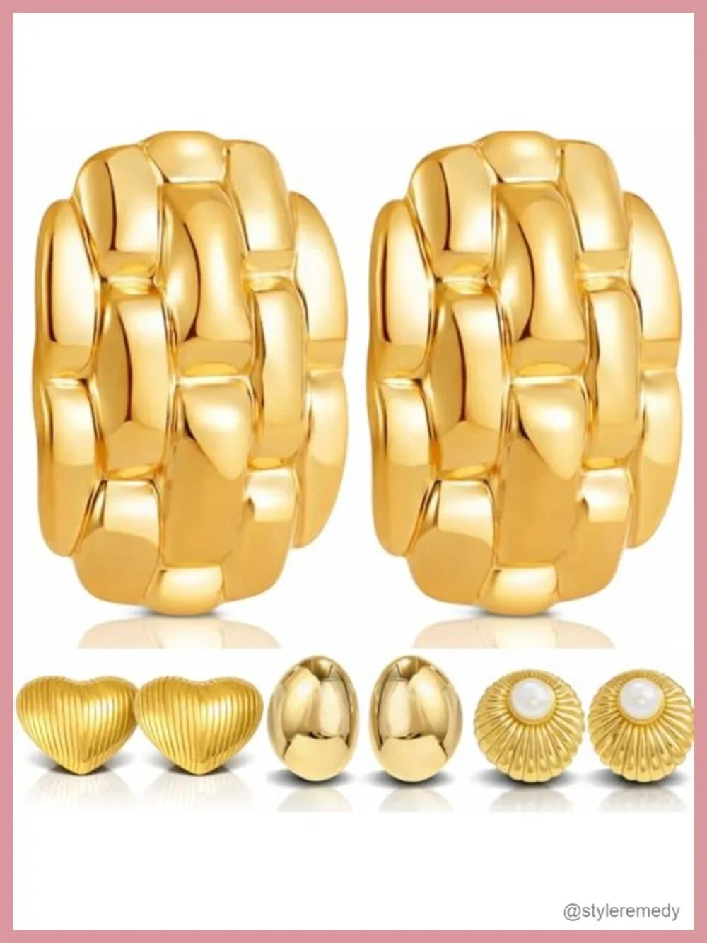 4 Pairs Gold Puffy Heart Chunky Stud Statement Earrings Women Gift Set with